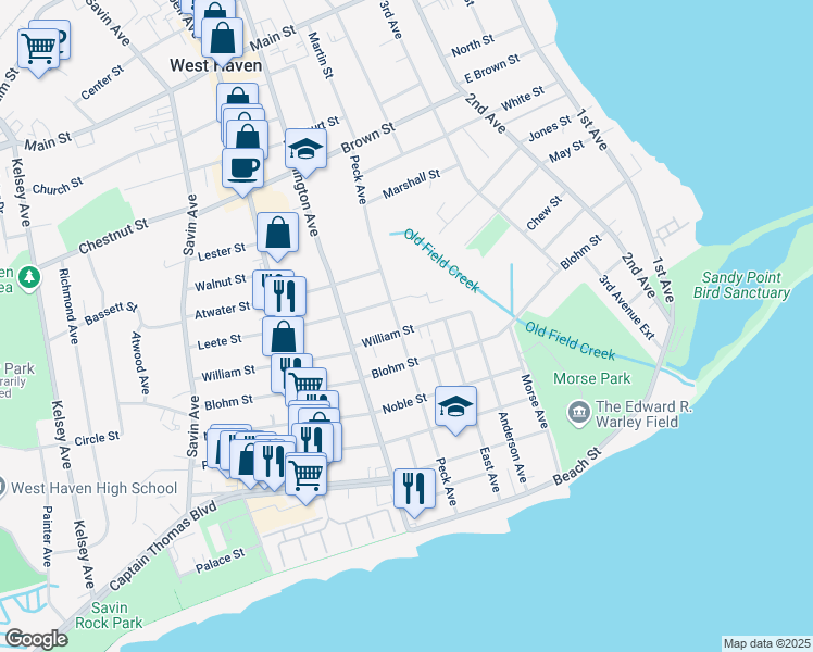map of restaurants, bars, coffee shops, grocery stores, and more near 55 William Street in West Haven