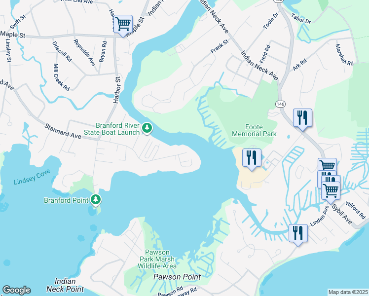 map of restaurants, bars, coffee shops, grocery stores, and more near 68 Goodsell Point Road in Branford