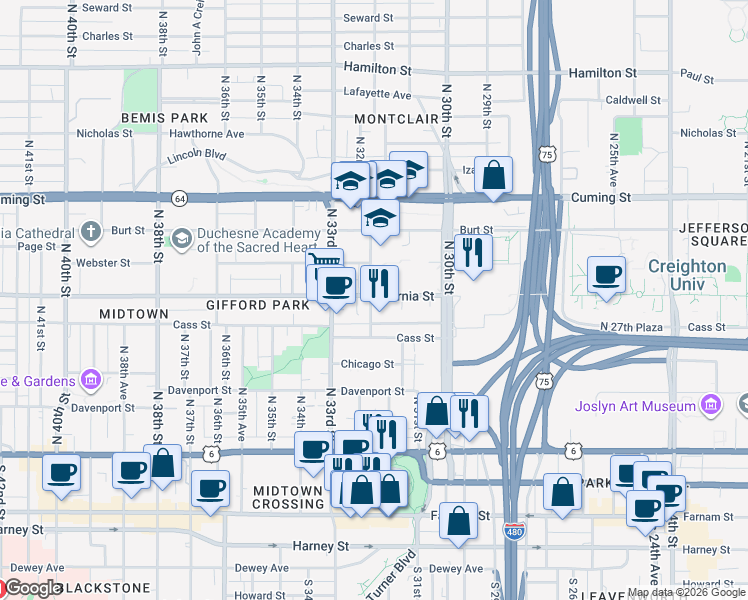 map of restaurants, bars, coffee shops, grocery stores, and more near in Omaha