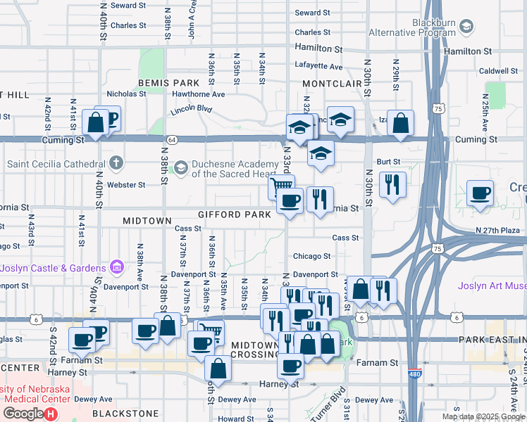 map of restaurants, bars, coffee shops, grocery stores, and more near 3325 California Street in Omaha