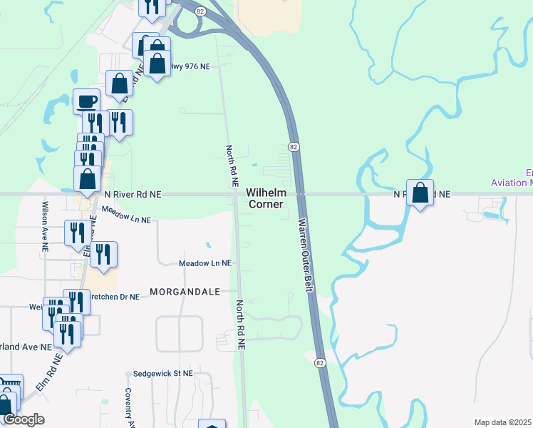 map of restaurants, bars, coffee shops, grocery stores, and more near 2500 North Road Northeast in Warren