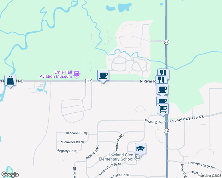 map of restaurants, bars, coffee shops, grocery stores, and more near 4248 North River Road Northeast in Warren