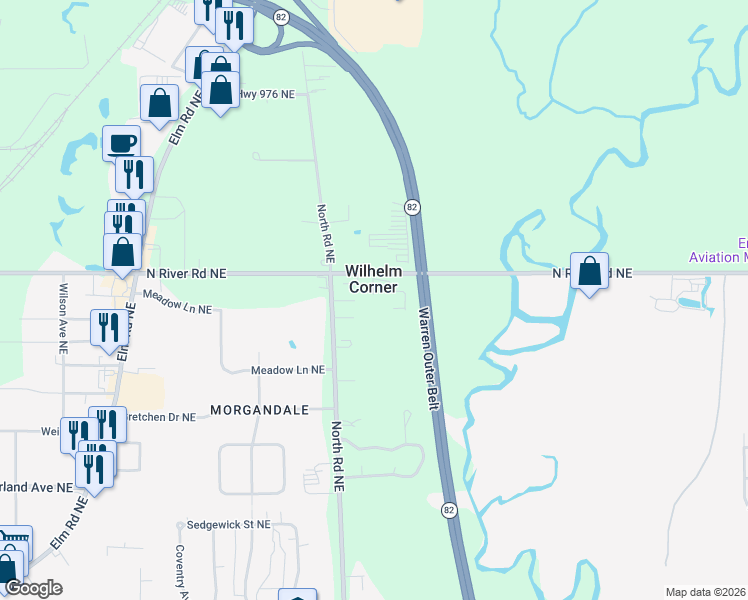 map of restaurants, bars, coffee shops, grocery stores, and more near 2500 North Road Northeast in Warren