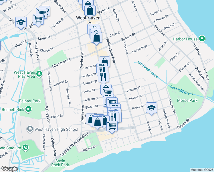 map of restaurants, bars, coffee shops, grocery stores, and more near 85 Leete Street in West Haven