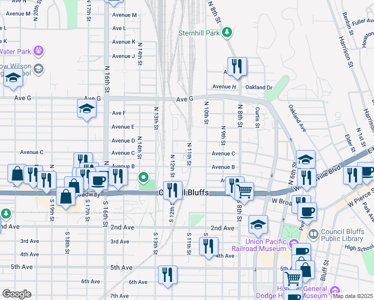 map of restaurants, bars, coffee shops, grocery stores, and more near 1111 Avenue D in Council Bluffs