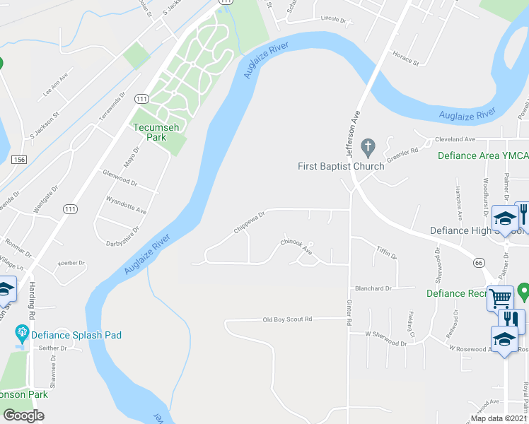 map of restaurants, bars, coffee shops, grocery stores, and more near 711 Chippewa Drive in Defiance