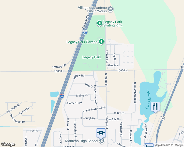 map of restaurants, bars, coffee shops, grocery stores, and more near 411 Shamrock Lane in Manteno