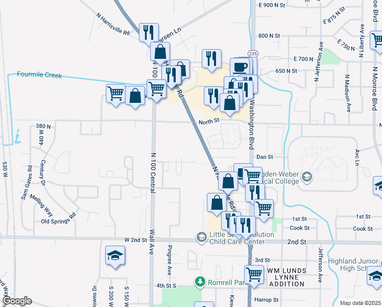 map of restaurants, bars, coffee shops, grocery stores, and more near 311 North Harrisville Road in Ogden