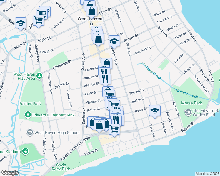 map of restaurants, bars, coffee shops, grocery stores, and more near 85 Leete Street in West Haven