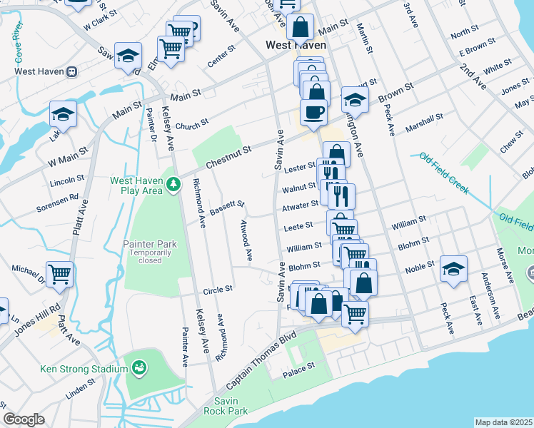 map of restaurants, bars, coffee shops, grocery stores, and more near 469 Savin Avenue in West Haven