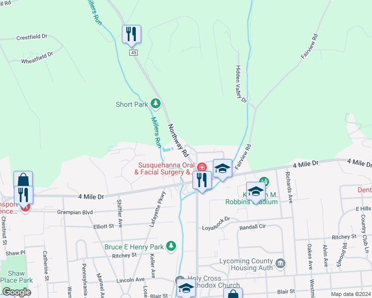 map of restaurants, bars, coffee shops, grocery stores, and more near 2136-2298 Northway Road in Williamsport