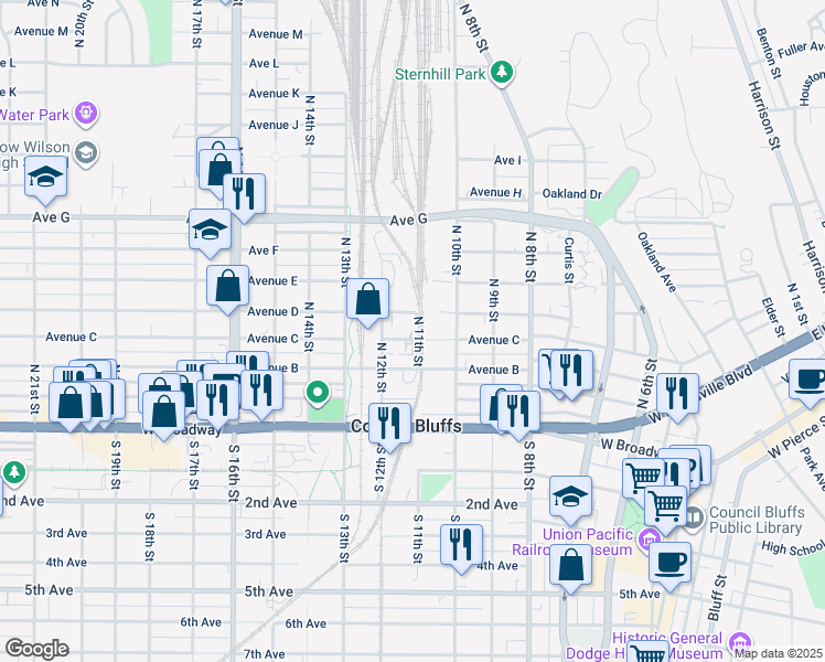 map of restaurants, bars, coffee shops, grocery stores, and more near 1111 Avenue D in Council Bluffs
