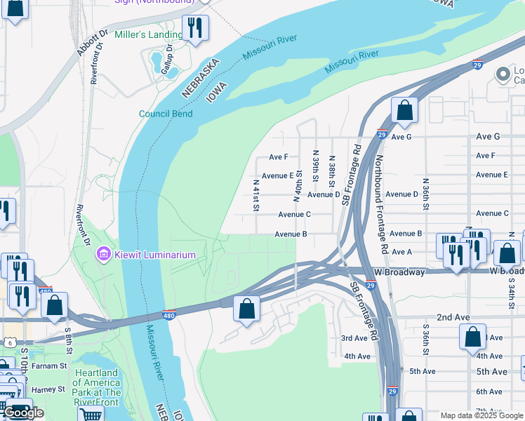 map of restaurants, bars, coffee shops, grocery stores, and more near 4041 Avenue D in Council Bluffs