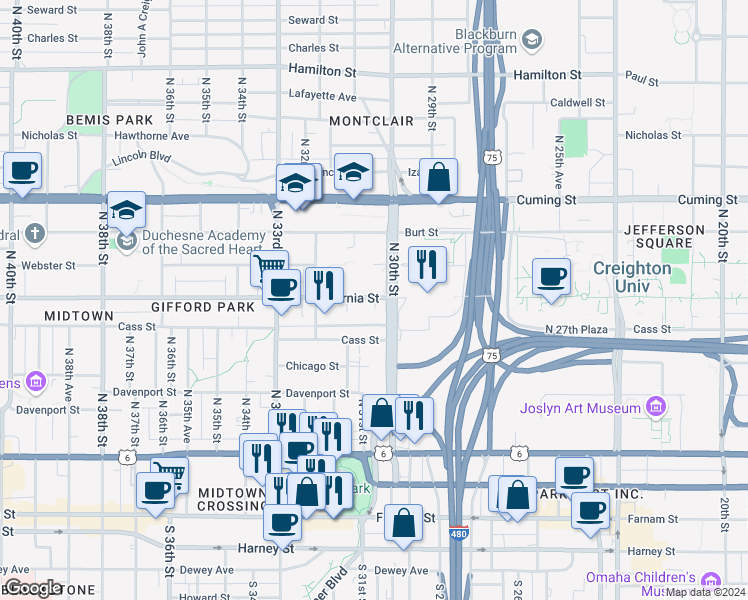 map of restaurants, bars, coffee shops, grocery stores, and more near 3031 California Street in Omaha
