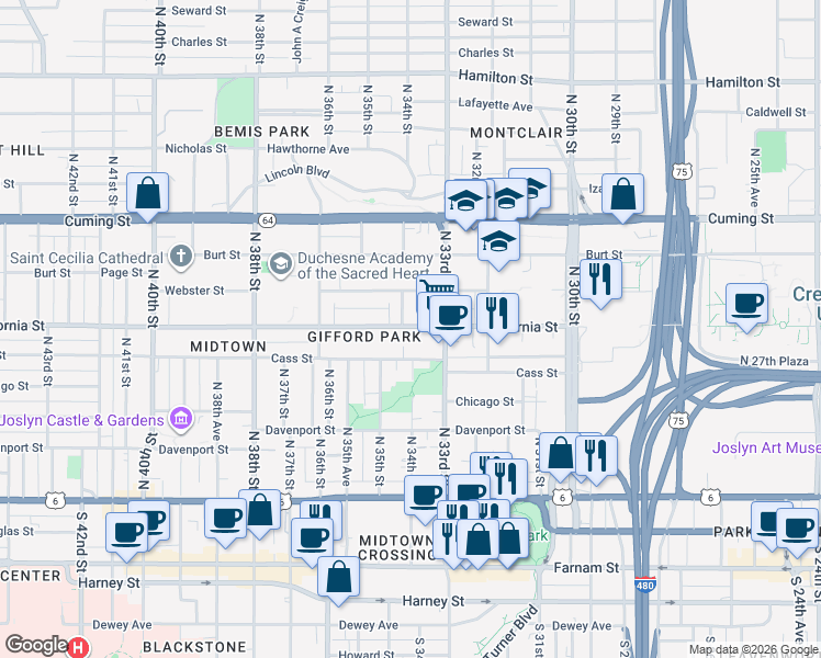 map of restaurants, bars, coffee shops, grocery stores, and more near 3320 California Street in Omaha