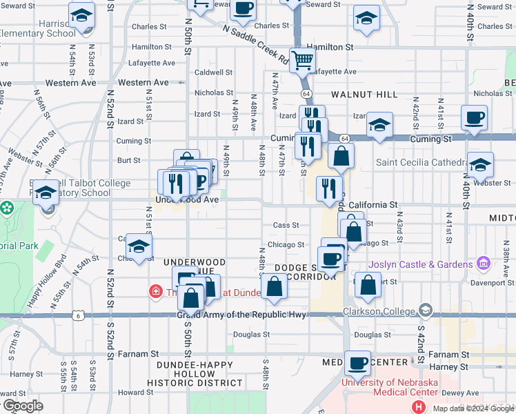 map of restaurants, bars, coffee shops, grocery stores, and more near 4809 Underwood Avenue in Omaha