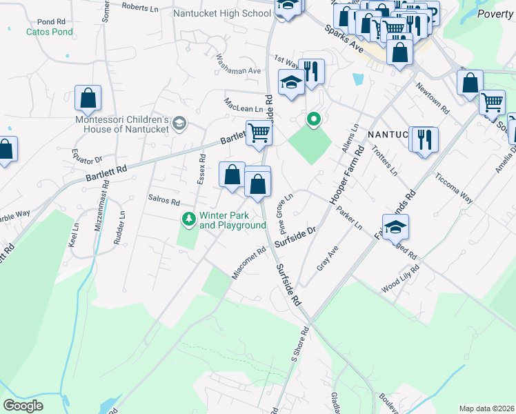 map of restaurants, bars, coffee shops, grocery stores, and more near 4 Miacomet Avenue in Nantucket