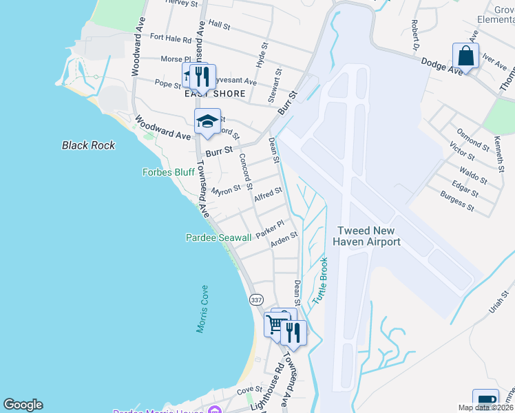 map of restaurants, bars, coffee shops, grocery stores, and more near 23 Alfred Street in New Haven