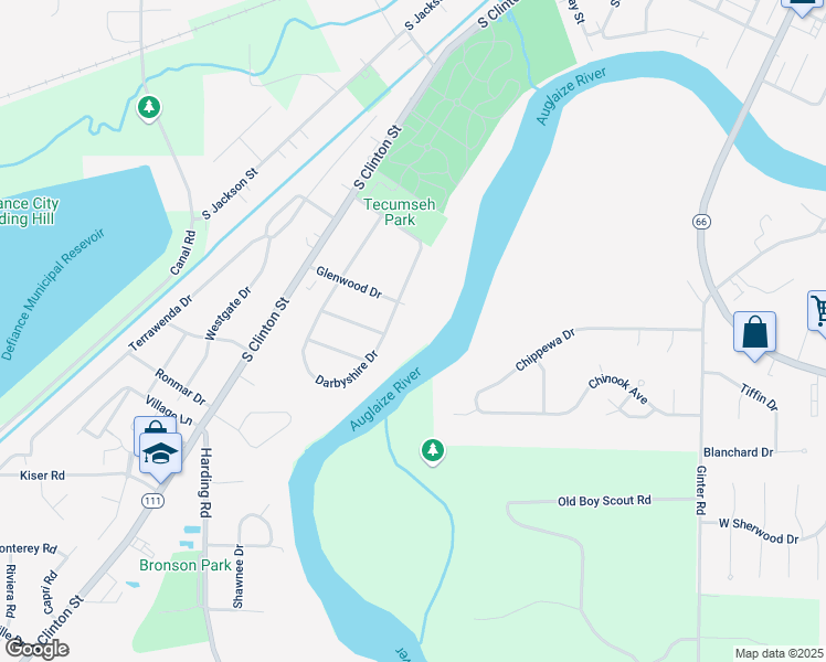 map of restaurants, bars, coffee shops, grocery stores, and more near 1607 Darbyshire Dr in Defiance