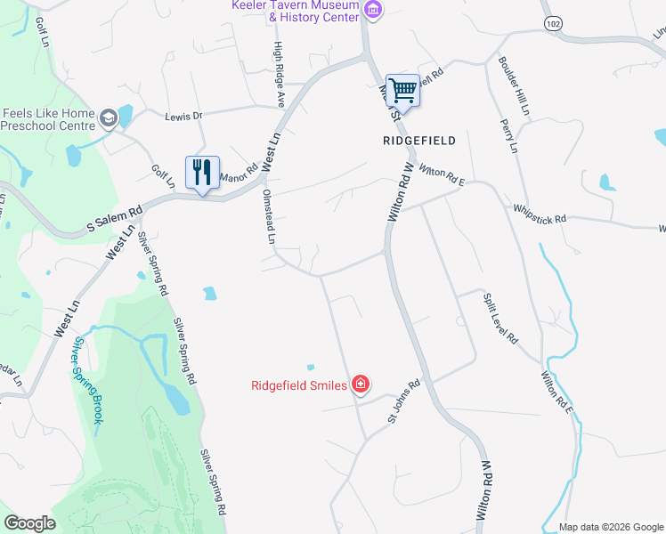 map of restaurants, bars, coffee shops, grocery stores, and more near 28 South Olmstead Lane in Ridgefield