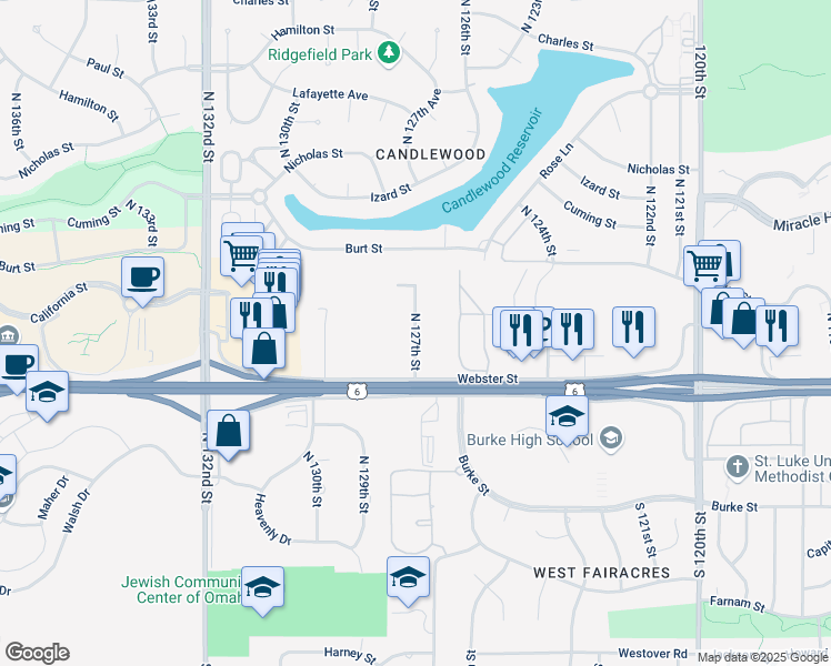 map of restaurants, bars, coffee shops, grocery stores, and more near 555 North 127th Street in Omaha