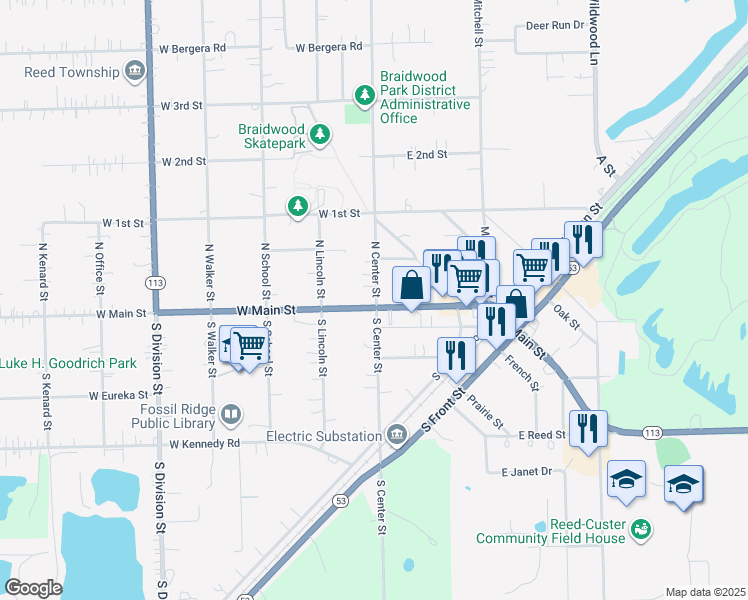 map of restaurants, bars, coffee shops, grocery stores, and more near 116 North Center Street in Braidwood