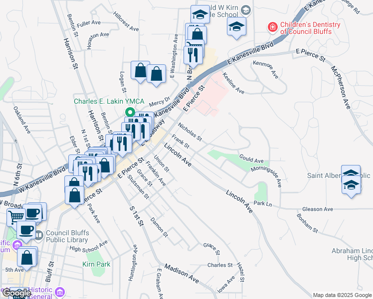 map of restaurants, bars, coffee shops, grocery stores, and more near 226 Frank Street in Council Bluffs