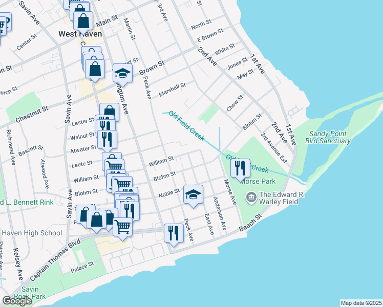 map of restaurants, bars, coffee shops, grocery stores, and more near 15 William Street in West Haven