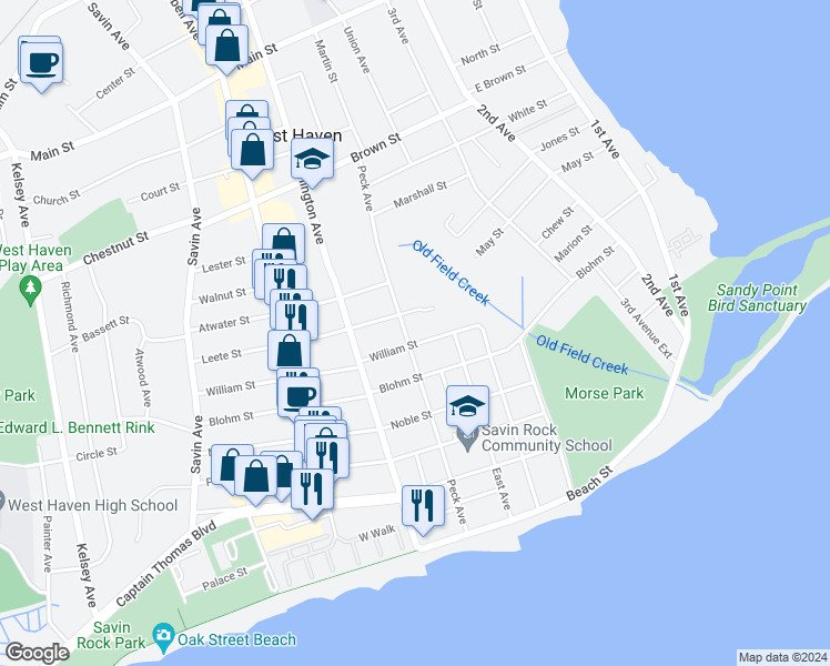 map of restaurants, bars, coffee shops, grocery stores, and more near 55 William Street in West Haven