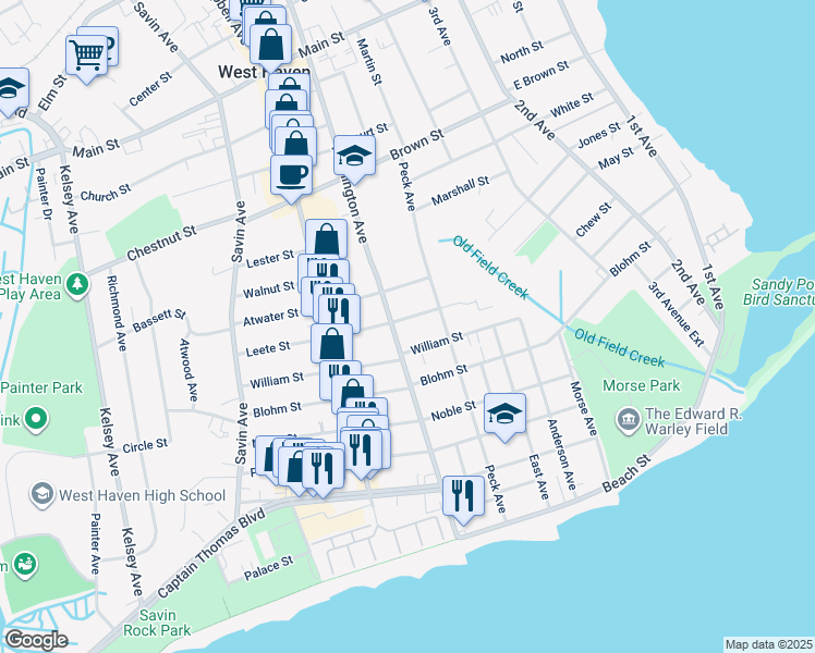map of restaurants, bars, coffee shops, grocery stores, and more near 20 Leete Street in West Haven