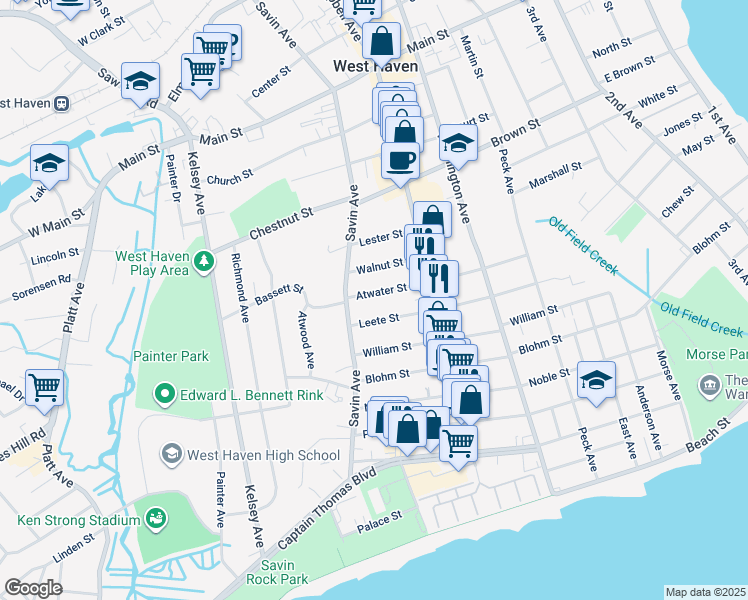 map of restaurants, bars, coffee shops, grocery stores, and more near 160 Atwater Street in West Haven