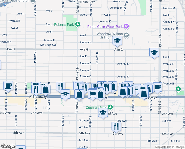 map of restaurants, bars, coffee shops, grocery stores, and more near 2301 Avenue D in Council Bluffs