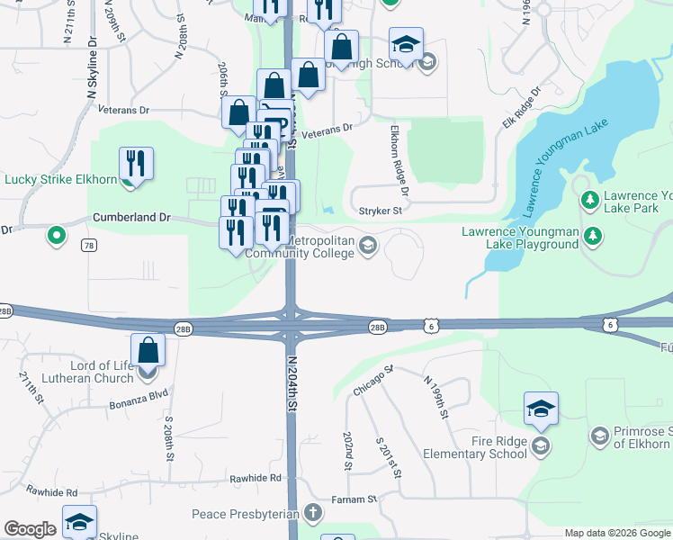 map of restaurants, bars, coffee shops, grocery stores, and more near Cumberland Road in Elkhorn