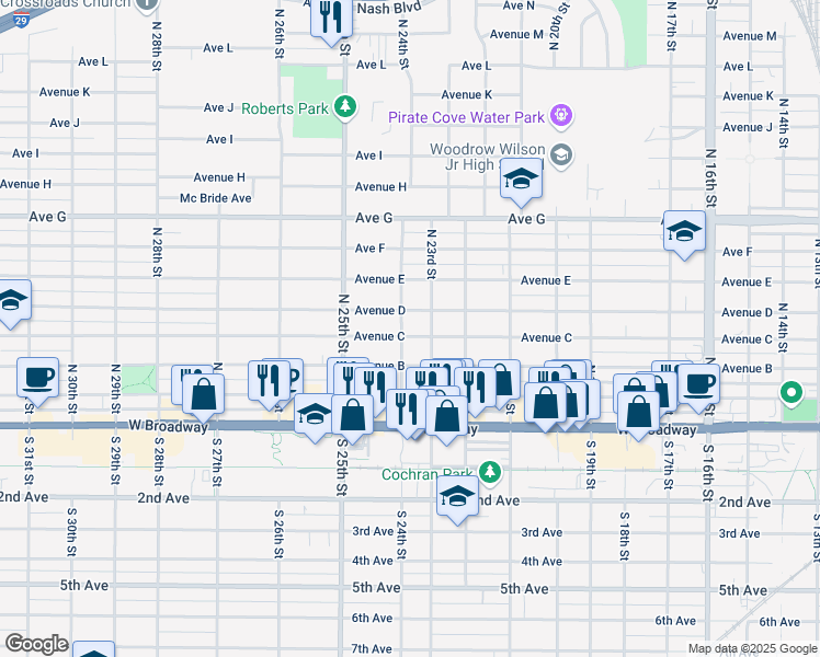 map of restaurants, bars, coffee shops, grocery stores, and more near 2301 Avenue D in Council Bluffs