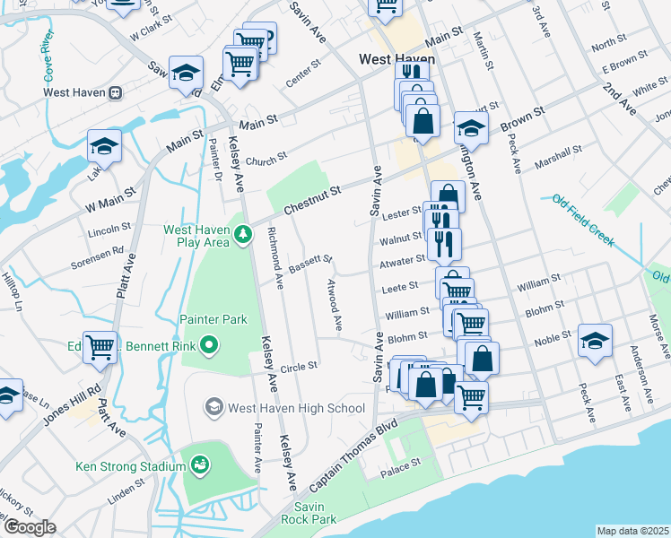 map of restaurants, bars, coffee shops, grocery stores, and more near 11 Bassett Street in West Haven