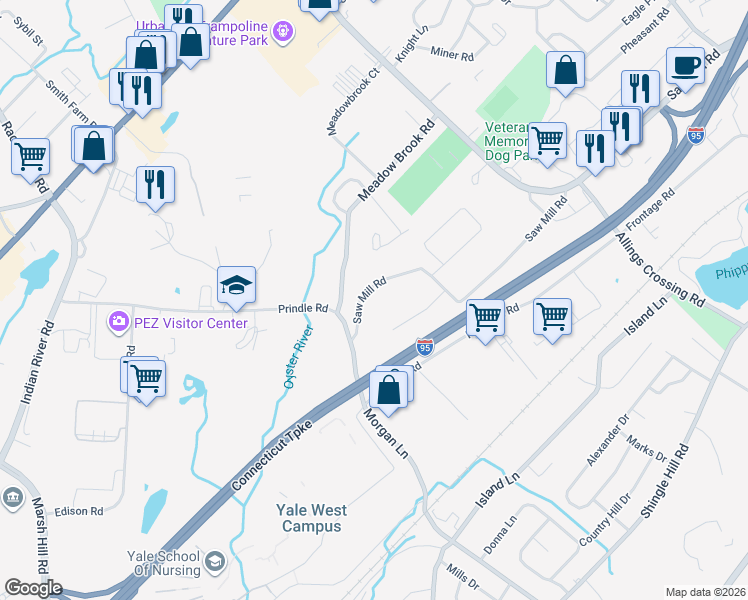 map of restaurants, bars, coffee shops, grocery stores, and more near 856 Saw Mill Road in West Haven