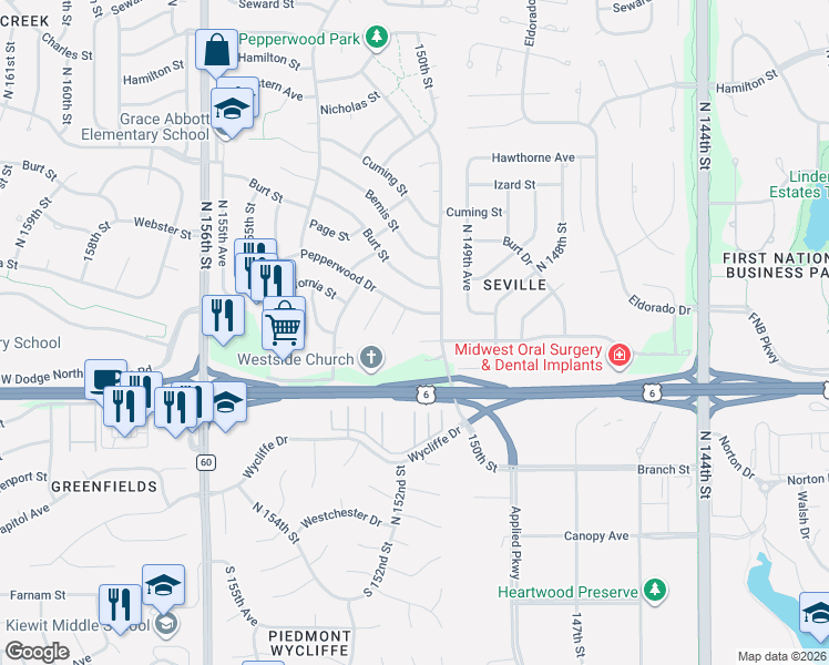 map of restaurants, bars, coffee shops, grocery stores, and more near 15022 California Circle in Omaha