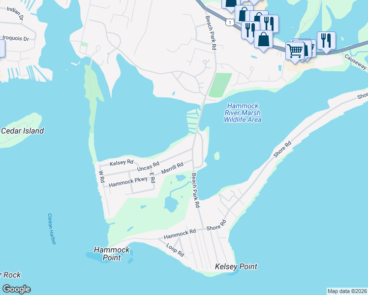 map of restaurants, bars, coffee shops, grocery stores, and more near 5 Uncas Road in Clinton