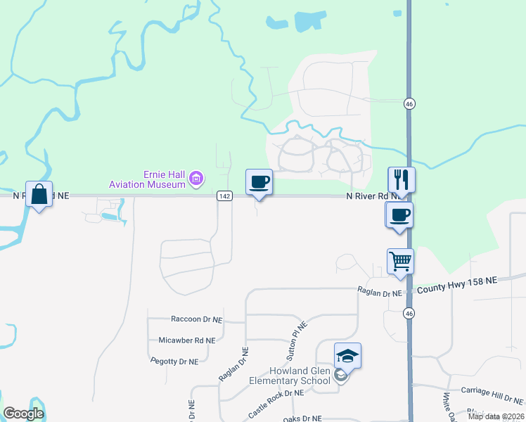 map of restaurants, bars, coffee shops, grocery stores, and more near 4248 North River Road Northeast in Warren