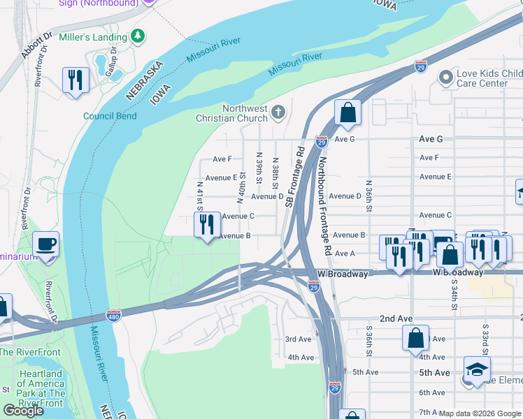 map of restaurants, bars, coffee shops, grocery stores, and more near 3838 Avenue C in Council Bluffs