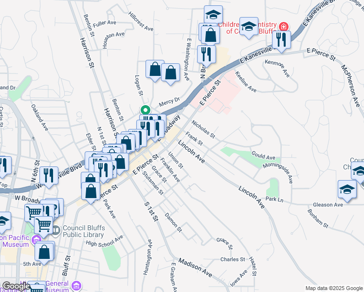 map of restaurants, bars, coffee shops, grocery stores, and more near 535 Voorhis Street in Council Bluffs