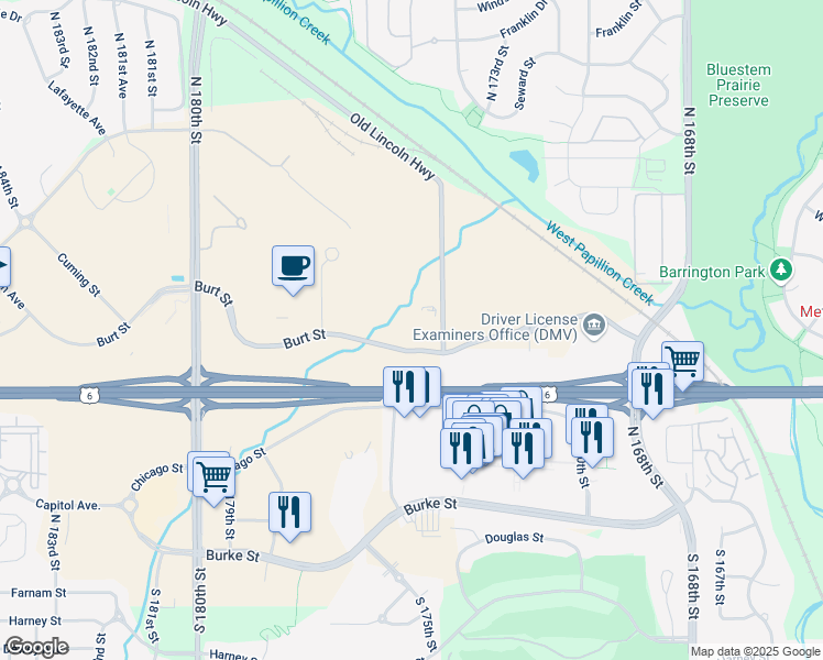 map of restaurants, bars, coffee shops, grocery stores, and more near 17410 Burt Street in Omaha