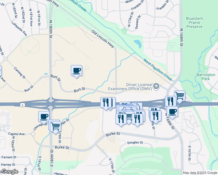 map of restaurants, bars, coffee shops, grocery stores, and more near 17410 Burt Street in Omaha