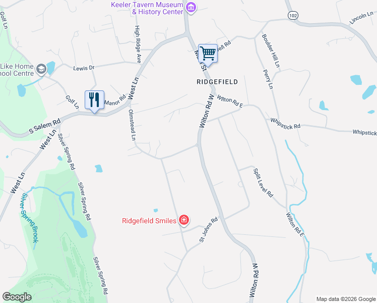 map of restaurants, bars, coffee shops, grocery stores, and more near 12 Olmstead Lane in Ridgefield