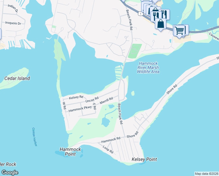 map of restaurants, bars, coffee shops, grocery stores, and more near 5 Uncas Road in Clinton