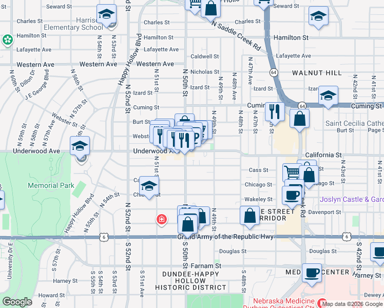 map of restaurants, bars, coffee shops, grocery stores, and more near 4919 Underwood Avenue in Omaha