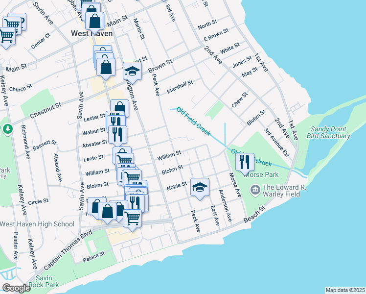 map of restaurants, bars, coffee shops, grocery stores, and more near 55 William Street in West Haven