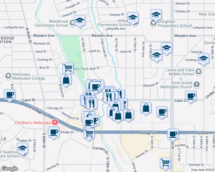 map of restaurants, bars, coffee shops, grocery stores, and more near 536 North 77th Circle in Omaha