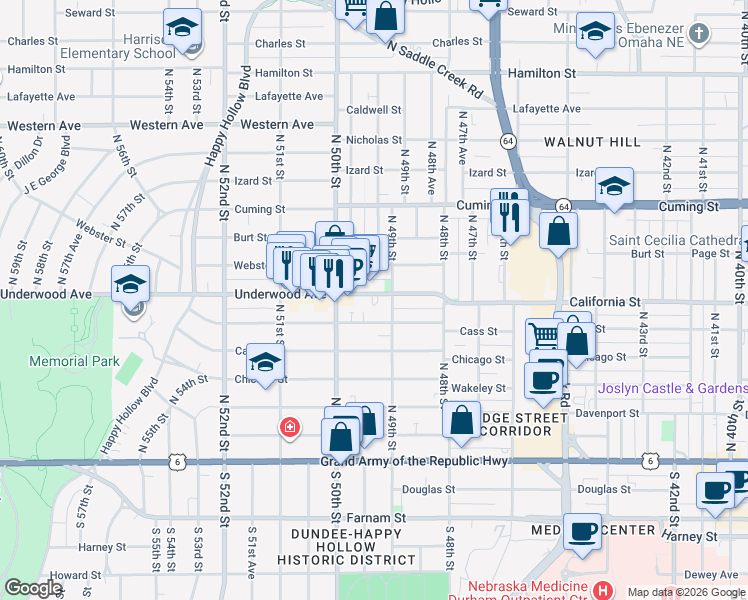 map of restaurants, bars, coffee shops, grocery stores, and more near 4902 Underwood Avenue in Omaha
