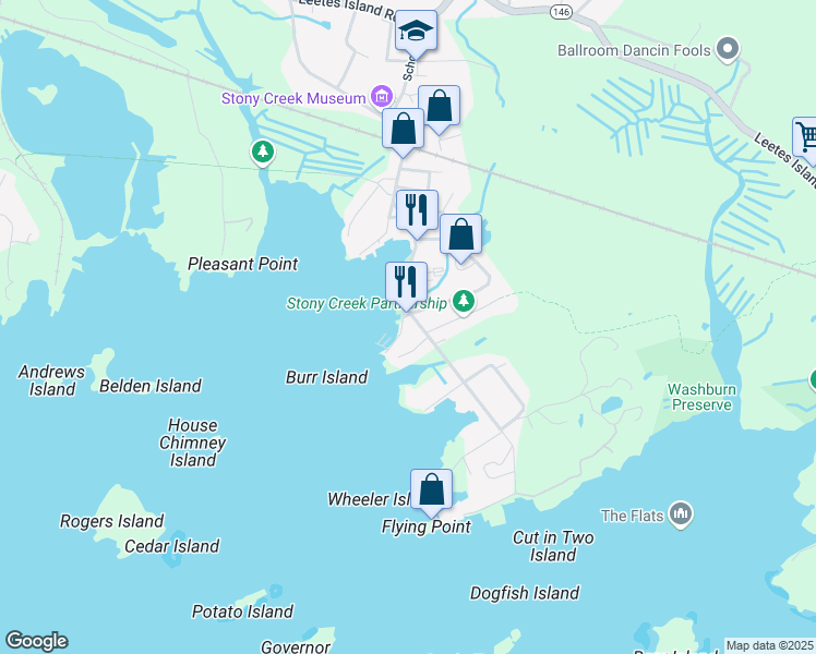 map of restaurants, bars, coffee shops, grocery stores, and more near 6 Indian Point Road in Branford